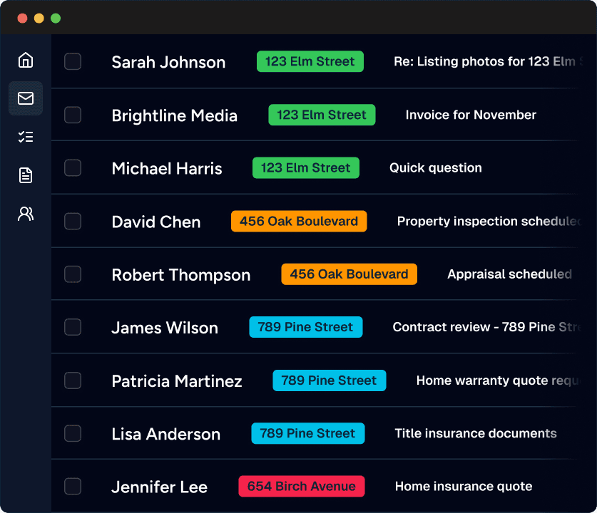 Emails, tasks and docs organized by transaction